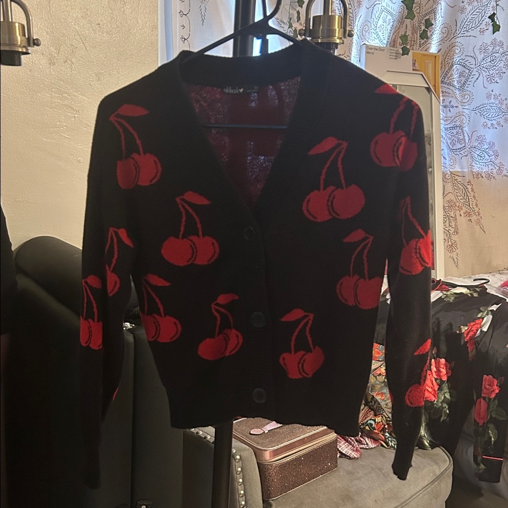 Stylish Black Cardigan with Red Cherry Pattern